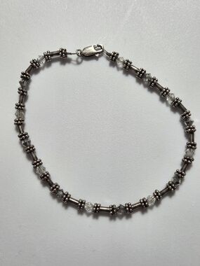925 Sterling Silver Clear Crystal Beaded Bracelet Bali Beads 8.25 Inch
